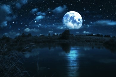 rural forest near a river night landscape with full moon, edited photo. elements of this image furnished by nasa