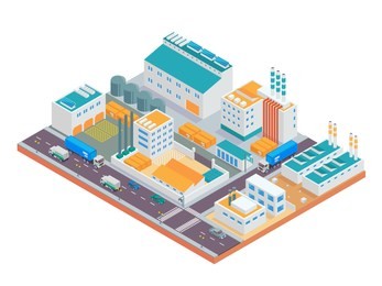 modern isometric big industrial factory and logistic warehouse complex illustration, suitable for diagrams, infographics, illustration, and other graphic related assets