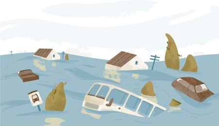 flooded city or town. houses, cars, trees, road signs submerged. buildings and automobiles covered with water. natural disaster, weather hazard. colorful vector illustration in flat cartoon style.