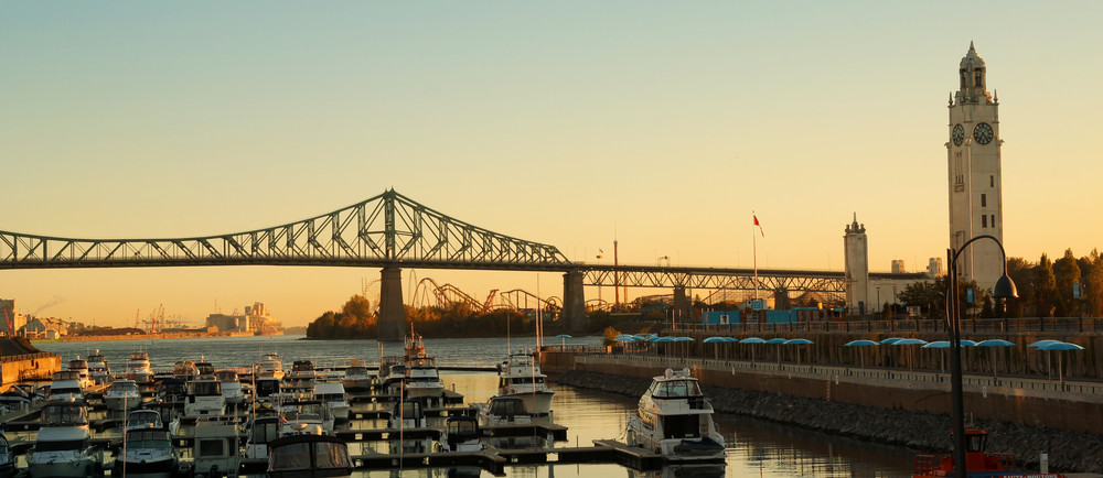 view of jacques cartier bridge in montreal, quebec by a nice autumn morning