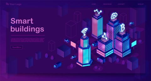 smart buildings isometric architecture concept. web banner with neon futuristic city. intelligent buildings with signs. smart city 3d infographics map. internet of things. isolated vector illustration