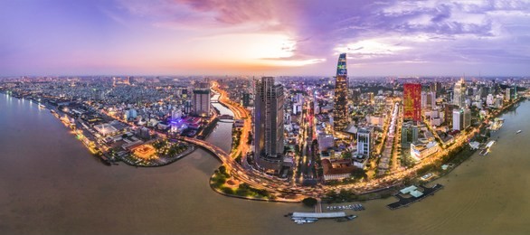 aerial view of ho chi minh city, vietnam. beauty skyscrapers along river light smooth down urban development in ho chi minh city, vietnam.