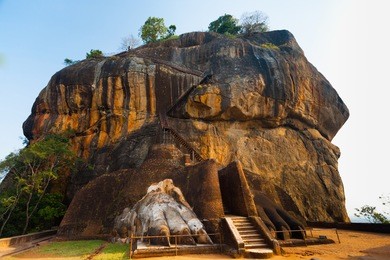 the second level stairs and entrance to the former fortress and monastery of sigiriya rock, guarded by a pair of lion feet in sri lanka