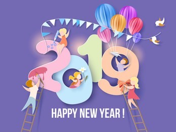 2019 new year design card with kids on purple background. vector illustration. paper cut and craft style.