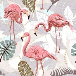 seamless vector floral pattern background with flamingo and palm leaves. seamless pattern with flamingos and tropical plants. vector clipart.