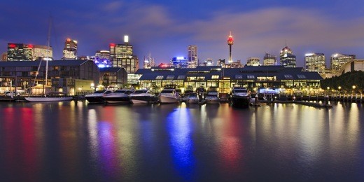 panoramic view from pyrmont to sydney australia darling harbour with boats at marina sunset light reflection in water