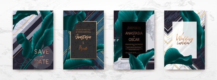 wedding invitation frame set: flowers, palm,succulent, eucalyptus leaves, watercolor, minimal vector. sketched wreath, floral and herbs garland with green, greenery color. drawn watercolour style