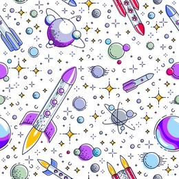 space seamless background with rockets, planets and stars, undiscovered galaxy cosmic fantastic and interesting textile fabric for children, endless tiling pattern, vector illustration cartoon motif.
