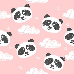 seamless pattern with cute pandas, clouds, stars. background for children's clothing.
