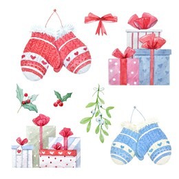 watercolor set of christmas illustrations, gloves, gift boxes, red bow and mistletoe. winter set