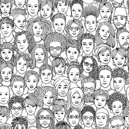 diverse crowd of people - seamless pattern of hand drawn faces of various ethnicities