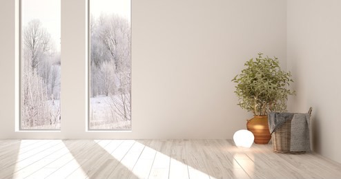 white empty room with winter landscape in window. scandinavian interior design. 3d illustration
