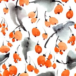 watercolor and ink illustration of berries and leaves, decorative artistic painting, sumi-e and u-sin gohua oriental traditional paintind, seamless pattern on white background