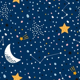 seamless childish pattern with night starry sky. creative kids texture for fabric, wrapping, textile, wallpaper, apparel. vector illustration
