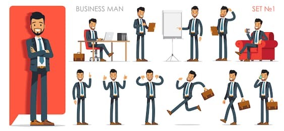 set version №1 of businessman character with different poses and actions. vector illustration flat design isolated on white background
