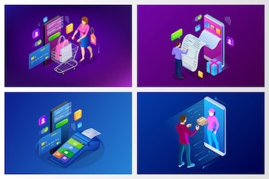 isometric fast delivery service, online delivery, online shopping, finance instrument web banner concept. modern vector illustration foe website or lending