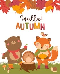 “hello autumn” typography design with cute bear, fox, hedgehog, bird, snail cartoon and leaves border illustration.
