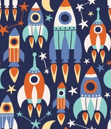 seamless repeat vector pattern with cute rockets, stars and moon.