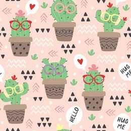 seamless pattern with cartoon funny cactus in glasses  - vector illustration, eps