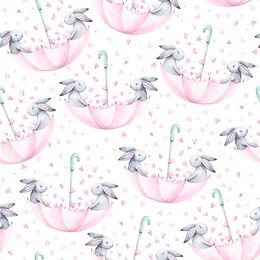 watercolor seamless pattern. wallpaper with fantasy cute bunneis cartoon animals on white background. hand drawn vintage texture.