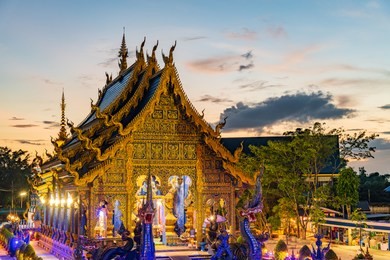 twilight landscape wat rong suea ten is beautiful temple  in chiangrai thailand. 8 july 2018