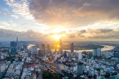 aerial view of ho chi minh modern office buildings, condominium n ho chi minh city downtown with sunset scenery, ho chi minh is the most populated city in southeast asia.ho chi minh,vietnam.
