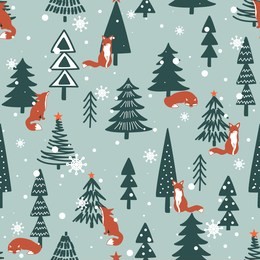 foxes, fir-trees, snow, hand drawn backdrop. colorful seamless pattern with animals. cute wallpaper, good for printing. overlapping background vector. design illustration. happy new year. winter time