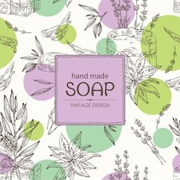 background with handmade soap, lavender, aloe and tea tree. organic cosmetic natural soap. vector hand drawn illustration.