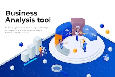 people work in a team and achieve the goal. pie chart in 3d isometric style. data analysis, and office situations. landing page template. business software 3d concept. vector illustration.