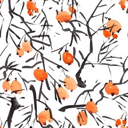 watercolor and ink illustration of berries and tree branches, decorative artistic painting, sumi-e and u-sin gohua oriental traditional paintind, seamless pattern on white background
