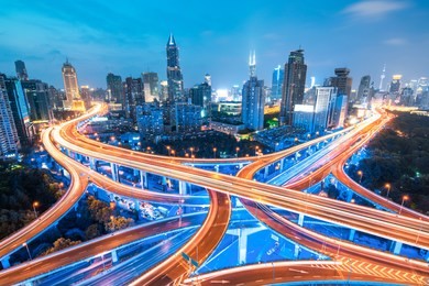 city highway overpass panoramic with shanghai skyline, modern traffic background