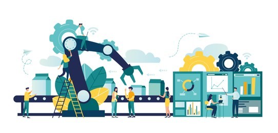 vector illustration, a production line with workers, automation and user interface concept: user connecting with a tablet and sharing data with a cyber-physical system, smart industry 4.0