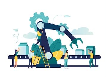 vector illustration, a production line with workers, automation and user interface concept: user connecting with a tablet and sharing data with a cyber-physical system, smart industry 4.0