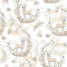 graphic floral seamless pattern - flower wreaths & deer illustration on white background. for wedding stationary, greetings, wallpapers, fashion, logo, wrapping paper, fashion, textile, etc.