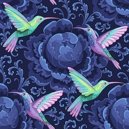 flying hummingbirds on a dark blue floral background. seamless patterns for textiles and design