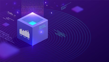 technology isometric infographic design for quantum computer, artificial intelligence, big data concept with circuit board and processor. eps10 vector illustration