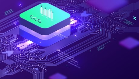 technology isometric infographic design for quantum computer, artificial intelligence, big data concept with circuit board and processor. eps10 vector illustration