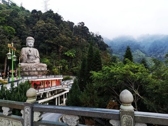 view a large stone buddha statue and tick fog at chin swee caves temple in genting highlands, pahang, malaysia

