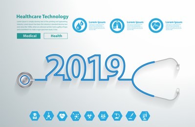 stethoscope heart creative design ideas concept, happy new year 2019 calendar cover, typographic vector illustration.