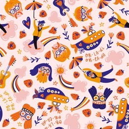 dreamers in the pink clouds. vector hand-drawn seamless pattern. hippie design for fabric or wrap paper.