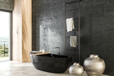 concrete and wood wall bathroom interior with tiled floor, panoramic window, black bathtub, and vases. 3d rendering mock up