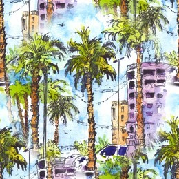 seamless pattern. downtown with street and buildings of miami city in florida, usa. watercolor splash with hand drawn sketch illustration. retro colorful watercolor silhouettes of palm trees.