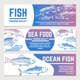 fish banners. river and ocean sketch fishes seafood packaging vector labels. poster and banner packaging for seafood illustration