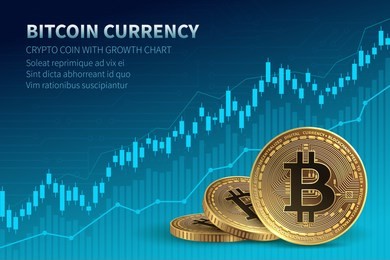 bitcoin currency. crypto coin with growth chart. international stock exchange. network bitcoin marketing vector banner. illustration of chart exchange currency crypto