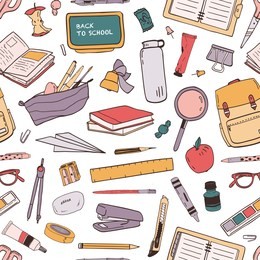 colorful seamless pattern with scattered school supplies or stationery for education on white background. hand drawn vector illustration in realistic style for wallpaper, wrapping paper, fabric print.