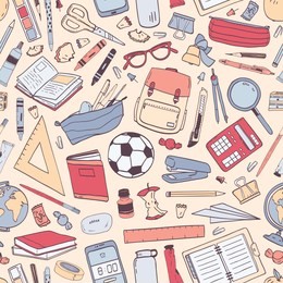 back to school seamless pattern with education supplies or stationery on light background. colorful hand drawn vector illustration in realistic style for wrapping paper, wallpaper, backdrop.