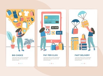 bundle of vertical web banner templates with stages of online shopping - choice, payment, delivery. set of scenes with woman buying goods in internet store. colorful vector illustration in flat style.