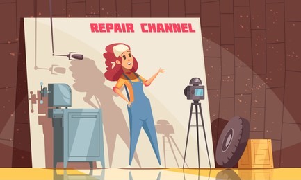 repair channel blogger composition with cartoon style female character in uniform recording herself on digital camera vector illustration