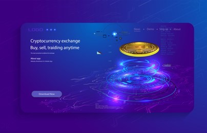 bitcoin conceptual background with blue glowing electric lights in style hud. modern bright banner, site template with place for your text.