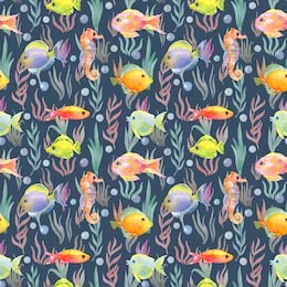 fishes, sea horse and seaweed. hand painted seamless pattern. multicolored animals of ocean watercolor illustration. 